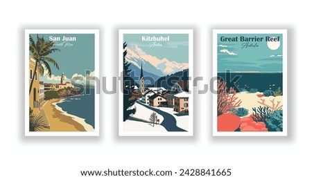 Great Barrier Reef, Australia. Kitzbuhel, Austria. San Juan, Puerto Rico - Vintage travel poster. Vector illustration. High quality prints