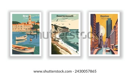 Boston, Massachusetts. Bournemouth, Dorset. Brac, Croatia - Set of 3 Vintage Travel Posters. Vector illustration. High Quality Prints