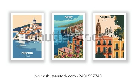 Seville, Spain. Sibenik, Croatia. Sicily, Italy - Set of 3 Vintage Travel Posters. Vector illustration. High Quality Prints