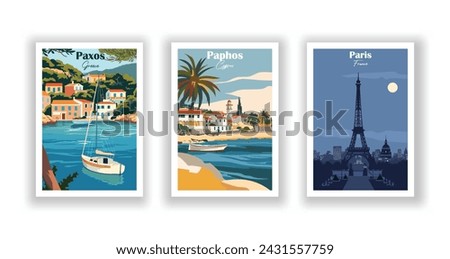 Paphos, Cyprus. Paris, France. Paxos, Greece - Set of 3 Vintage Travel Posters. Vector illustration. High Quality Prints