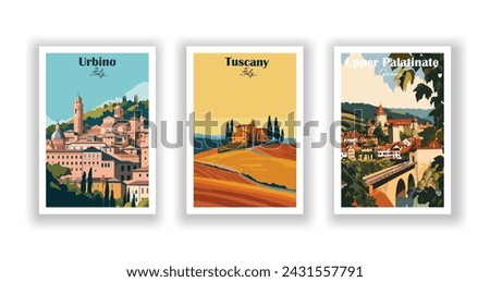 Tuscany, Italy. Upper Palatinate, Germany. Urbino, Italy - Set of 3 Vintage Travel Posters. Vector illustration. High Quality Prints