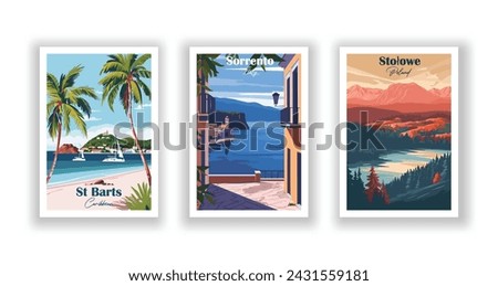 Sorrento, Italy. St Barts, Caribbean. Stołowe, Poland - Set of 3 Vintage Travel Posters. Vector illustration. High Quality Prints