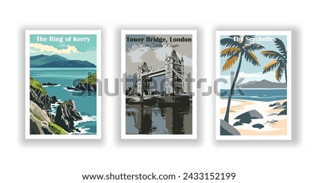 The Ring of Kerry, Ireland. The Seychelles, East Africa. The Tower Bridge, London, United Kingdom - Set of 3 Vintage Travel Posters. Vector illustration. High Quality Prints