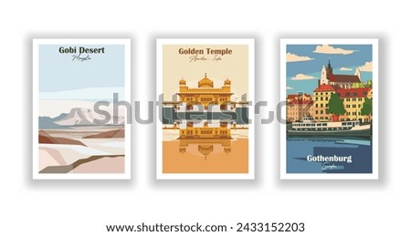 Gobi Desert, Mongolia. Golden Temple, Amritsar, India. Gothenburg, Sweden - Set of 3 Vintage Travel Posters. Vector illustration. High Quality Prints