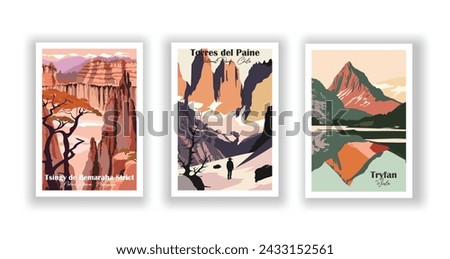 Torres del Paine National Park, Chile. Tryfan, Wales. Tsingy de Bemaraha Strict Nature Reserve, Madagascar - Set of 3 Vintage Travel Posters. Vector illustration. High Quality Prints