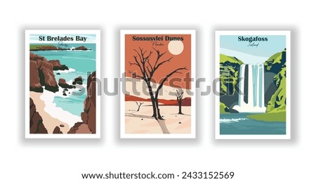 Skogafoss, Iceland. Sossusvlei Dunes, Namibia. St Brelades Bay, Jersey - Set of 3 Vintage Travel Posters. Vector illustration. High Quality Prints