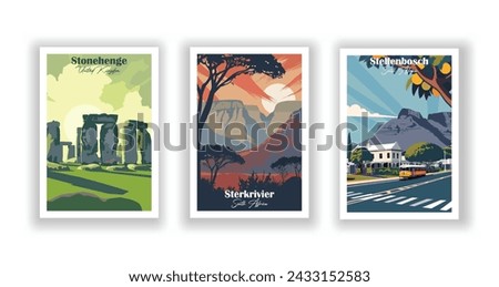 Stellenbosch, South Africa. Sterkrivier, South Africa. Stonehenge, United Kingdom - Set of 3 Vintage Travel Posters. Vector illustration. High Quality Prints