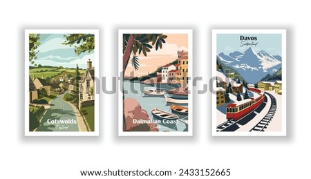 Cotswolds, England. Dalmatian Coast, Croatia. Davos, Switzerland - Set of 3 Vintage Travel Posters. Vector illustration. High Quality Prints