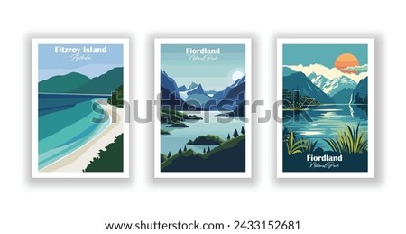 Fiordland National Park, New Zealand. Fiordland, National Park. Fitzroy Island, Australia - Set of 3 Vintage Travel Posters. Vector illustration. High Quality Prints