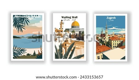 Wailing Wall, Jerusalem, Israel. Whitsunday Islands, Australia. Zagreb, Croatia - Set of 3 Vintage Travel Posters. Vector illustration. High Quality Prints