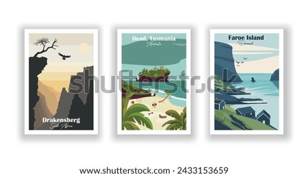 Dead, Tasmania, Australia. Drakensberg, South Africa. Faroe Island, Denmark - Set of 3 Vintage Travel Posters. Vector illustration. High Quality Prints