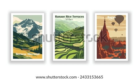 Bagan, Myanmar. Banaue Rice Terraces, Philippines. Bernese Oberland, Switzerland - Set of 3 Vintage Travel Posters. Vector illustration. High Quality Prints