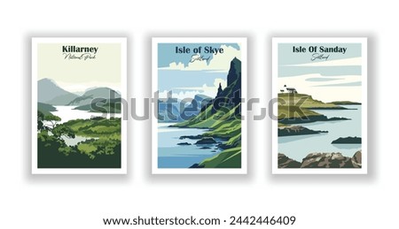 Isle Of Sanday, Scotland. Isle of Skye, Scotland. Killarney, National Park - Set of 3 Vintage Travel Posters. Vector illustration. High Quality Prints