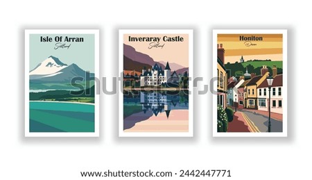 Honiton, Devon. Inveraray Castle, Scotland. Isle Of Arran, Scotland - Set of 3 Vintage Travel Posters. Vector illustration. High Quality Prints