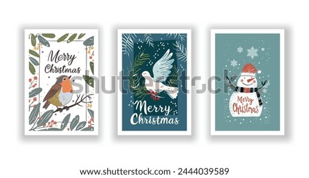 Hand-Drawn Christmas Greetings, Cute Flyers and Postcards with Minimalist Robin, Dove, Snowman Background