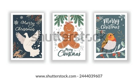 Hand-Drawn Christmas Greetings, Cute Flyers and Postcards with Minimalist Ginger man, Dove, Robin Background