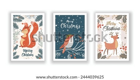 Hand-Drawn Christmas Greetings, Cute Flyers and Postcards with Minimalist Reindeer, Robin, Squirrel Background