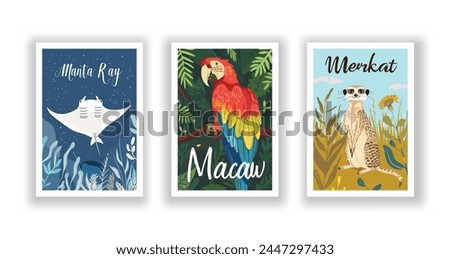 Wildlife and Nature Cards - Macaw, Manta Ray, Meerkat, Hand drawn cute Fox flyer. Vector illustration