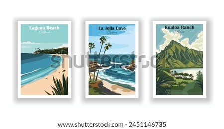 Kualoa Ranch, Hawaii, La Jolla Cove, California, Laguna Beach, California - Vintage travel poster. Vector illustration. High quality prints