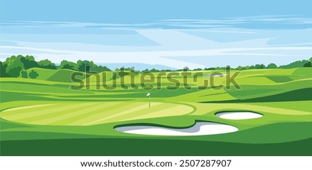 Scenic Countryside Golf Course with Flags, Lush Greens, and Sand Bunkers. Hand-drawn Cartoon Vector Illustration