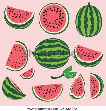 Watermelon Icons Collection. Vector Cartoon Collection of Ripe Fruit, Slices, Halves and Whole Watermelons, Flat Design