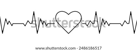 Heart beat one line. Continuous lines heart beats drawing. Wave pulse. Hand draw heartbeat. Design heartbeat for print. Black silhouette cardiogram isolated on white background. Vector illustration