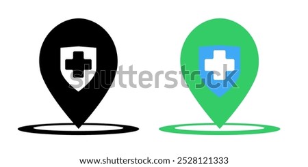 Hospital map pin location icons. Map pin location with red cross icon symbol in line and flat style for apps and websites. GPS, markers on white background. Vector illustration