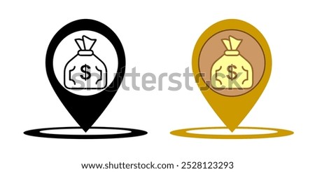 Money dollar map pin pointer marker sign icon vector graphic illustration set, simple pictogram of cash exchange or bank atm navigation point location arrow black red yellow image clipart