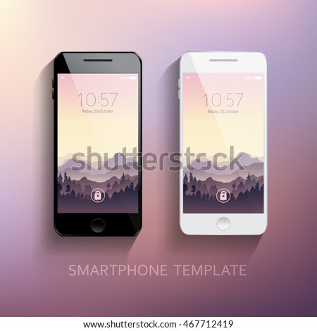 Mobile smartphones template set with mountains landscape background. Elegant, realistic. Technology, communication. Vector illustration