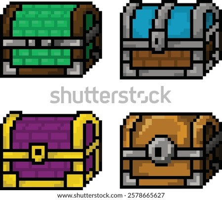 These four pixel art style treasure chests look full of mystery, each has a unique color and design as if they hold different powers