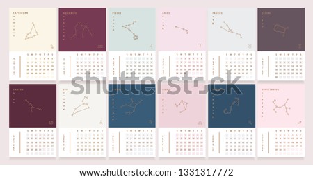 Zodiac Desk Calendar Templates with constellation stars, minimalistic design