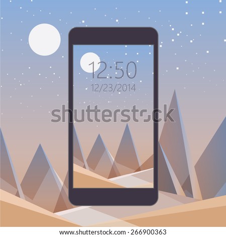 mobile phone wallpaper design vector illustration. Abstract desert landscape in contemporary geometric triangular style. Sharp sand mountains, night sky with moonlight and stars
