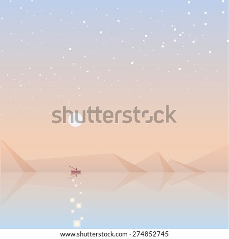 contemporary abstract landscape design in geometric low poly style. Tiny boat with fisherman fishing in the middle of the ocean. Sunset with sky filled with stars, mountains in the distance 