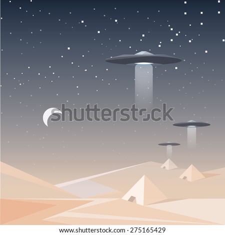 low polygon style vector illustration concept of unidentified flying objects floating over the sand desert pyramids. Night sky filled with stars with moon half full