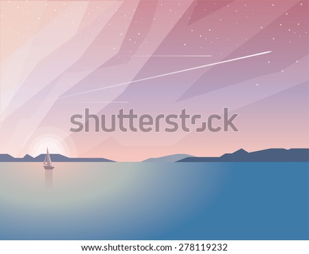 beautiful minimalistic summer time ocean view landscape with sailing boat on sunset and airplanes traveling through the sky filled with stars