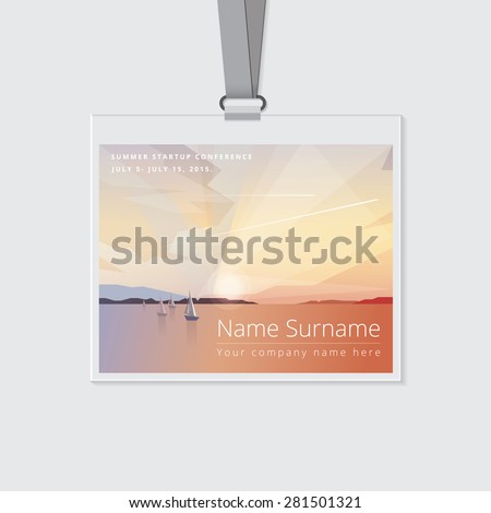 conference name tag mockup template with summer theme vector illustration. Ocean view landscape with sailing boats and airplane flights on colorful sunrise