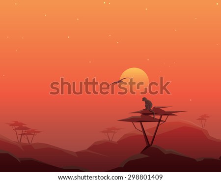 beautiful abstract tranquil african landscape scenery on red sunset with monkey on top of the Acacia tree- conceptual vector illustration of habitat and species loss