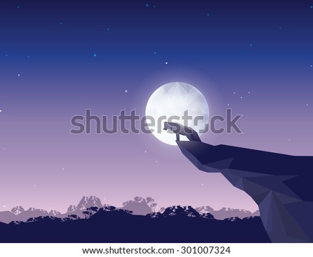 Abstract forest landscape scenery with wolf on the moonlight on full moon looking down a cliff edge