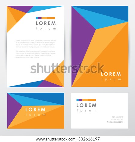 Corporate identity letterhead and business card mockup template with abstract multicolored geometric pattern design