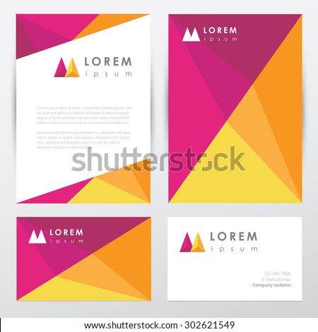 Corporate identity letterhead and business card mockup templates with abstract geometric triangular multicolored pattern design and logo icon