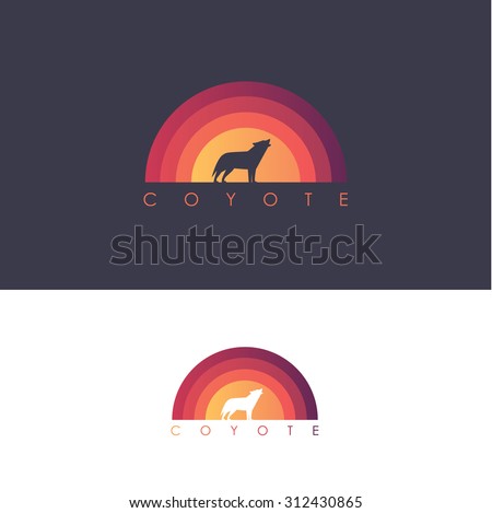 Coyote logo design mark- wolf howling on abstract colorful sunset