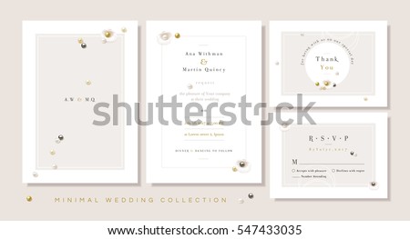 Minimal wedding collection templates, invitation front and back, thank you card and rsvp in soft color hues with seashells and gemstone pearls