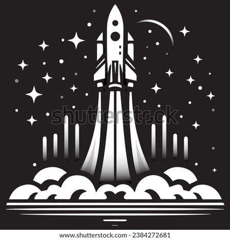 This vector illustration shows a space shuttle launching from a launch pad. The shuttle is flying through the sky, leaving behind a trail of smoke and stars.