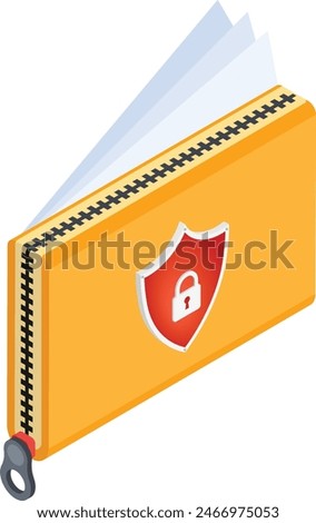 An isometric vector illustration of a secure document folder, featuring a vibrant orange color, a lock emblem for data protection, and a unique zipper detail for added security.