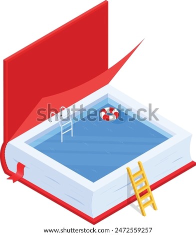 A creative and refreshing illustration of a bright blue swimming pool inside a red book with a yellow ladder.