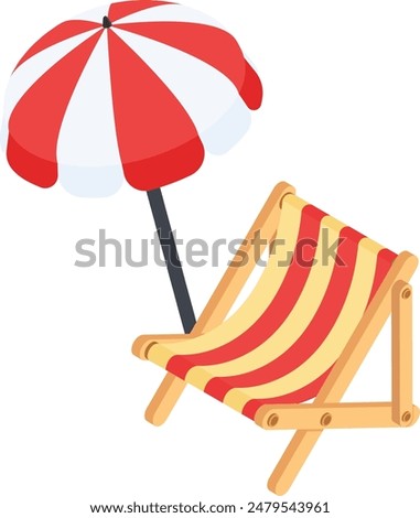 A classic beach chair with a red and yellow striped fabric and a sturdy wooden frame with Umbrella.