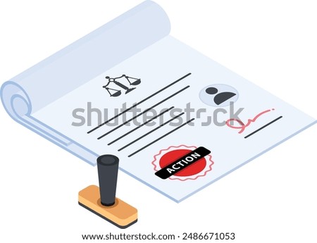 This premium vector illustration showcases a legal action document on a rolled notepad, featuring a legal scales icon, a user profile symbol, a signature, and an 