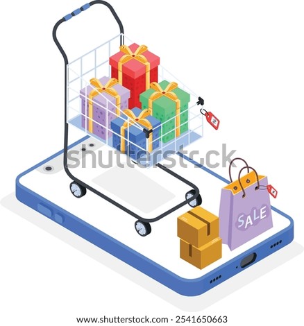 A vibrant vector illustration of an online shopping concept, featuring a shopping cart filled with gift boxes, sale tags, and packages, all placed on a large smartphone screen.