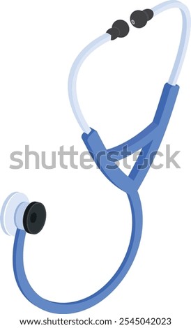 This vector graphic features an isometric view of a blue stethoscope, a common medical tool used by doctors and healthcare professionals.