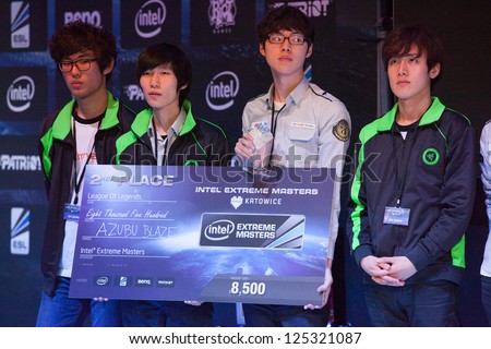 KATOWICE, POLAND - JANUARY 20: Azubu Blaze clan (League of Legends IEM 2013 second place) at Intel Extreme Masters 2013 - Electronic Sports World Cup on January 20, 2013 in Katowice, Silesia, Poland.